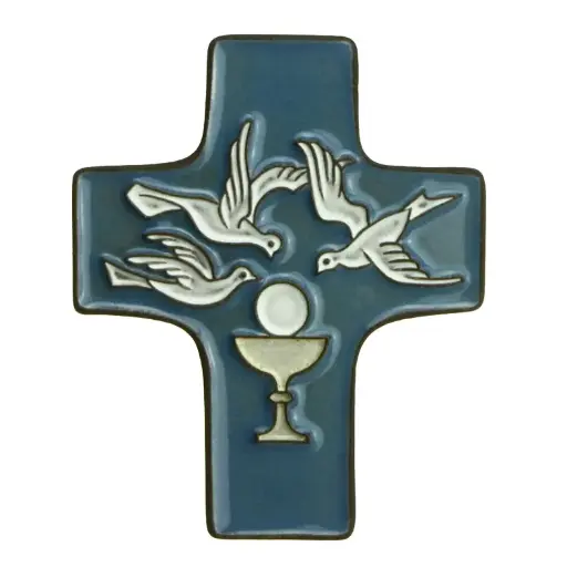 [MKR-58VG13C] Keramik Kreuz - Kelch & 3 Taube - Dunkelblau (95x120mm)