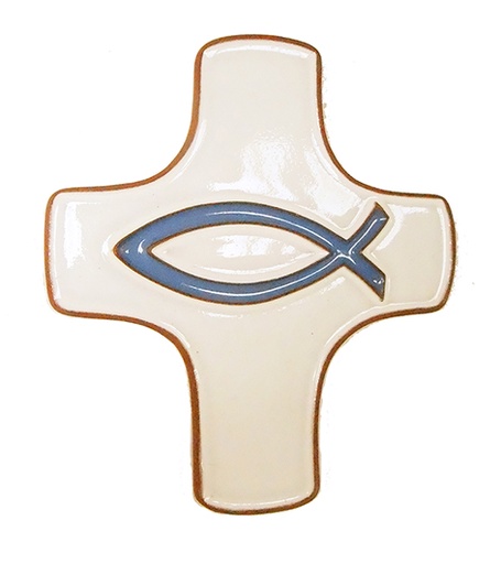 [MKR-58VG150A] Keramik Kreuz - Ichtus - Weiss/Blau (75x90mm)