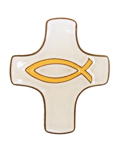 [MKR-58VG150B] Croix  céramique - Ichtus - blanche/jaune (75x90mm)