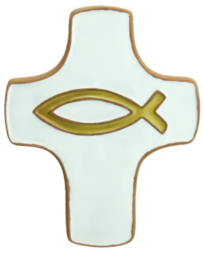 [MKR-58VG150B] Keramik Kreuz - Ichtus - Weiss/Gelb (75x90mm)