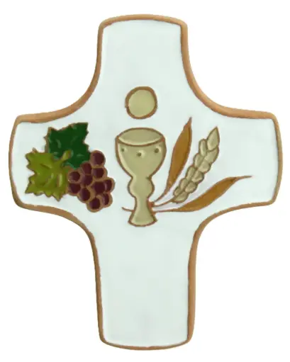 [MKR-58VG151A] Keramik Kreuz - Kelch & 3 Symbole - Weiss (75x90mm)