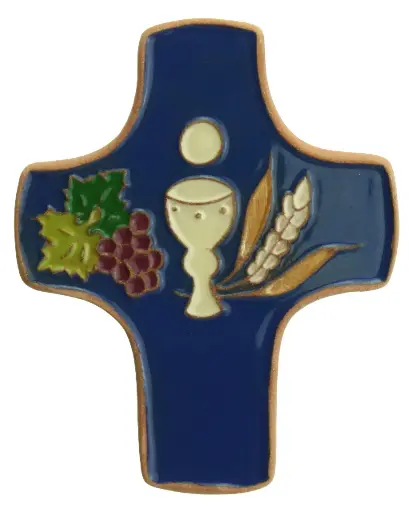 [MKR-58VG151C] Keramik Kreuz - Kelch & 3 Symbole - Dunkelblau (75x90mm)