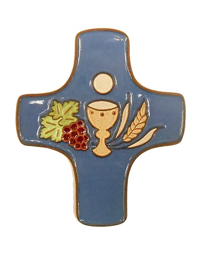 [MKR-58VG151C] Keramik Kreuz - Kelch & 3 Symbole - Dunkelblau (75x90mm)