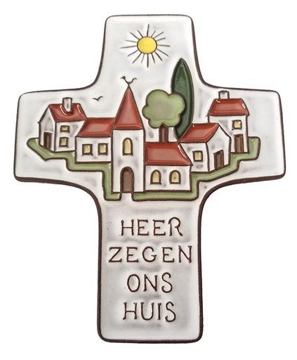 [MKR-58VG34A] Croix  céramique - 'Heer zegen...' - blanche (95x120mm)
