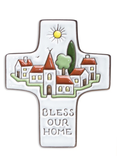 [MKR-58VG35A] Keramik Kreuz - 'Bless our home' - Weiss (95x120mm)