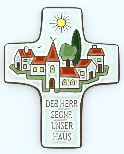 [MKR-58VG36A] Croix  céramique - 'Der Herr segne...' - blanche (95x120mm)