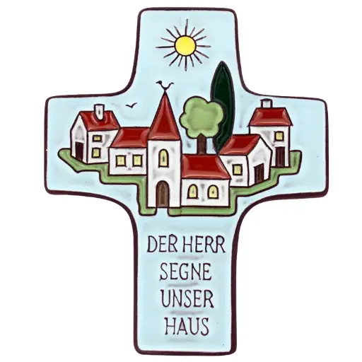 [MKR-58VG36B] Kruisbeeld 'Der Herr segne unser Haus' - keramiek/lichtblauw