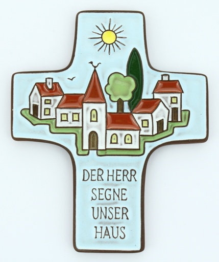 [MKR-58VG36B] Kruisbeeld 'Der Herr segne unser Haus' - keramiek/lichtblauw