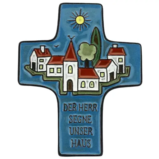 [MKR-58VG36C] Keramik Kreuz - 'Der Herr segne...' - Dunkelblau (95x120mm)