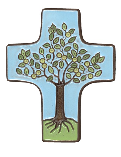 [MKR-58VG503B] Keramik Kreuz - Lebensbaum - Blau (95x120mm)