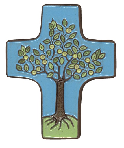 [MKR-58VG503C] Croix  céramique - Arbre de vie - blue foncée (95x120mm)