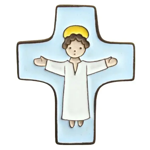 [MKR-58VG50B] Croix  céramique - Jésus - bleu ciel (75x90mm)