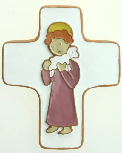 [MKR-58VG70B] Croix  céramique - Bon Berger - rose (95x120mm)