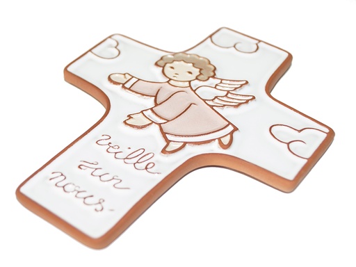 [MKR-58VG71B] Keramik Kreuz - 'Veille sur nous' - Rosa (95x120mm)