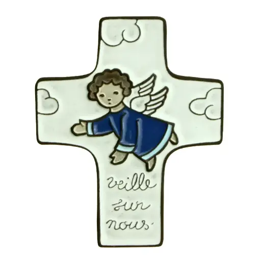 [MKR-58VG71D] Croix  céramique - 'Veille sur nous' - bleu foncée (95x120mm)