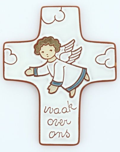 [MKR-58VG72A] Keramik Kreuz - 'Waak over ons' - Weiss (95x120mm)