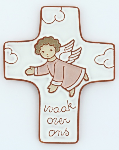 [MKR-58VG72B] Ceramic cross - 'Waak over ons' - Pink (95x120mm)