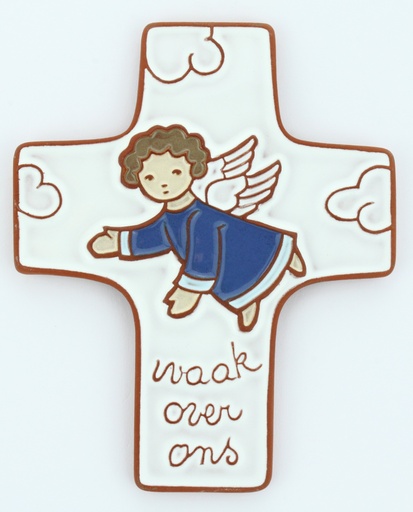 [MKR-58VG72D] Ceramic cross - 'Waak over ons' - Darkblue (95x120mm)