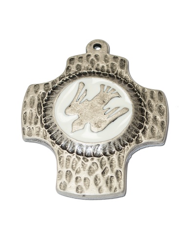 [MKR-89M3AWT] Kreuz Metall - Taube/Weiss emailliert (65x75mm)