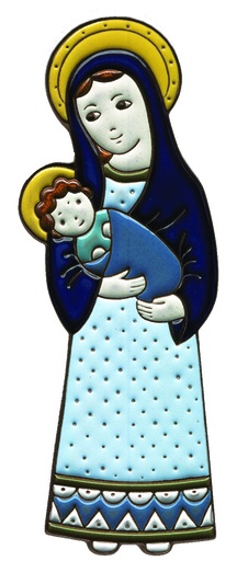 [PLK-58VG39A] Wanddeco keramiek OLV met kind/blauw - H 18cm