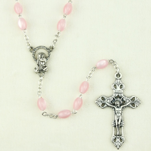 [RZK-05IM2RS] Chapelet - imitation nacre/chaine - ovale/rose (4x6mm)