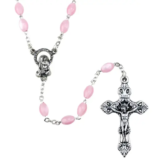 [RZK-05IM2RS] Chapelet - imitation nacre/chaine - ovale/rose (4x6mm)