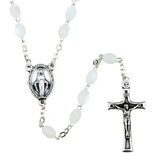 [RZK-05IM2WT] Chapelet - immitation nacre/chaîne - ovale/blanc (4x6mm)