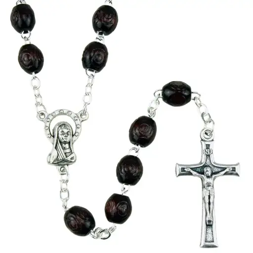 [RZK-05LB02P] Rozenkrans - bewerkte houten kralen/ketting - palissander