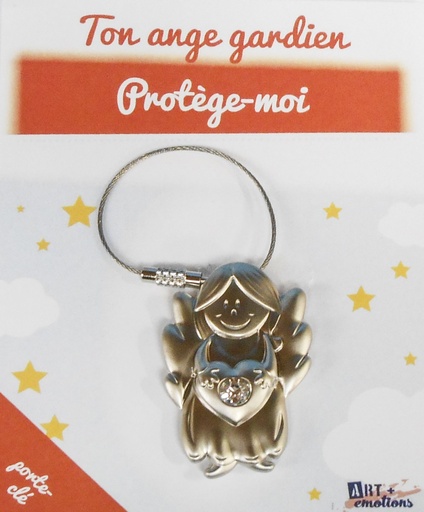 [SLH-04ENG2FR] Porte-clés Ange avec coeur/cristal - texte FR/inox (50x32mm)