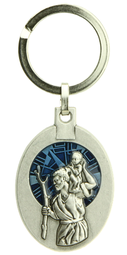 [SLH-45KRI089BL] Porte-clef St Christophe auréol vitrail bleu - métal (55x32mm)