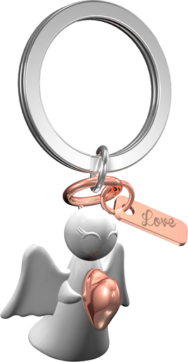 [SLH-98ENG02] Porte-clef Ange/blanc & coeur/rosé 'love' en boîtier - inox (45x30mm)