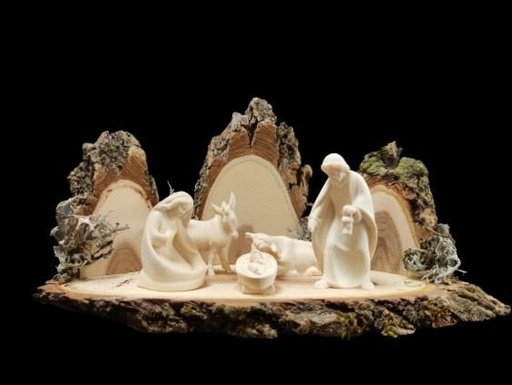 [STL-07KGR01N] Montage met 5 Kerstfiguren/modern - H 6cm/hout/natuur - 20x10cm