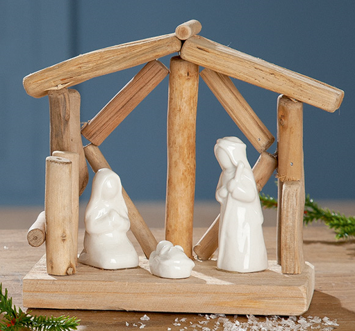 [STL-30KGR322] Cabane en bois avec Ste Famille/blanche - 15x15x8cm -ass