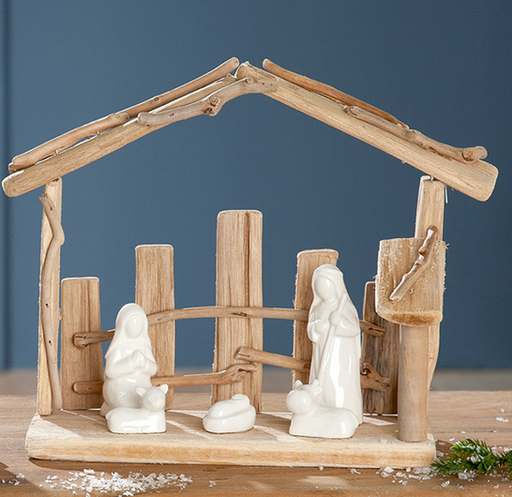 [STL-30KGR325] Etable en bois avec Ste Famille résine blanche - 25x23x10cm - ass