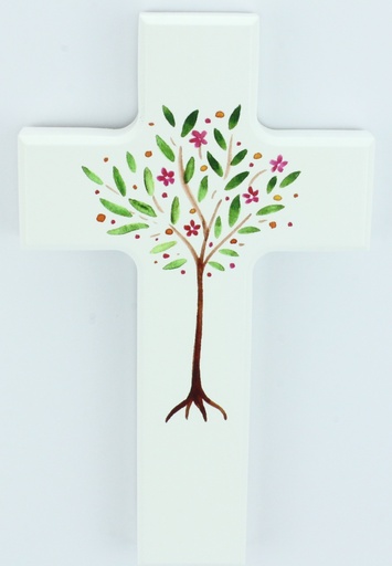 [MKR-01M001WT] Croix en bois/blanche - Arbre de Vie (90x150mm)