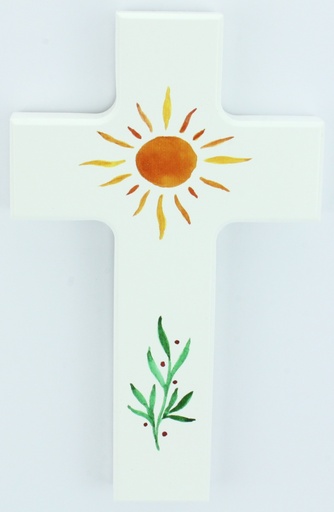 [MKR-01M002WT] Croix en bois/blanche - Soleil/herbe (90x150mm)