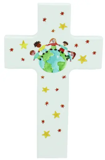 [MKR-01M005WT] Kruisbeeld hout/wit - Kinderen vd Wereld (90x150mm)