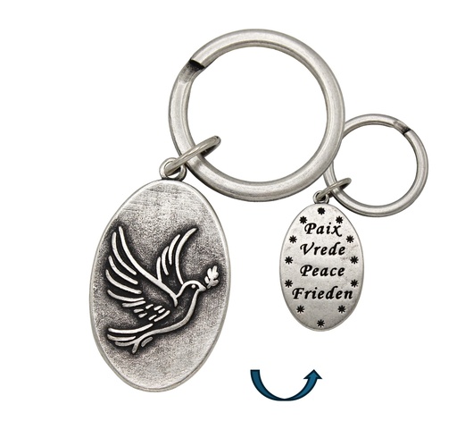 [SLH-17COL01] Sleutelhanger metaal - Duif - Vrede '4 Talen' (39x25mm)