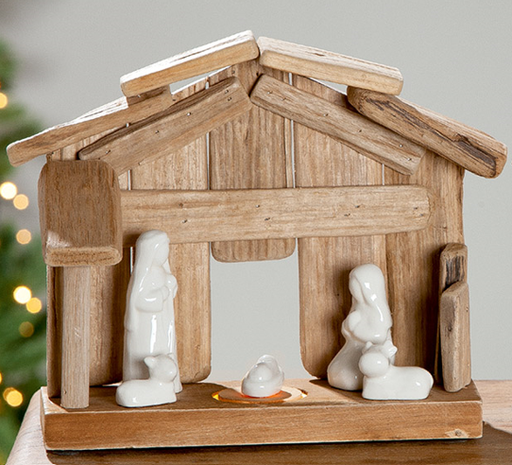 [STL-30M001] Etable en bois/Lumineux - Ste Famille + animaux - 29x29x13cm