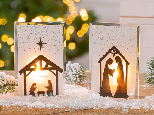 [KAN-30M006] Kandelaar glas met Kerstmotief - H=12cm - assorti