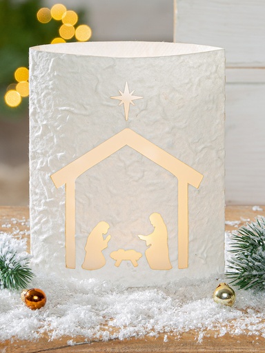 [KAN-30M009] Dekoleuchte (LED) Krippe - Papier, creme - H=16cm