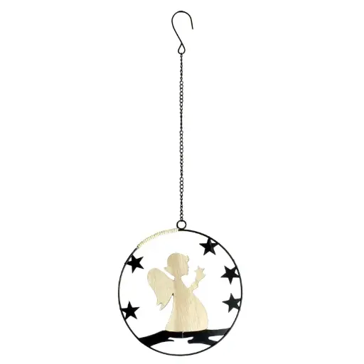 [KST-30M001] Pendentif métal avec ange en bois - H= 18cm