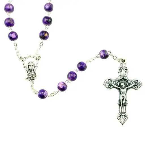 [RZK-05IM6PP] Rozenkrans - imitatie marmer/ketting - paars  (⌀6mm)