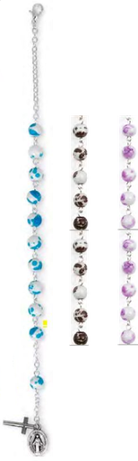 [ARM-55M001] Armband metaal - glazen parels gekleurd ass. - kruisje en medaille