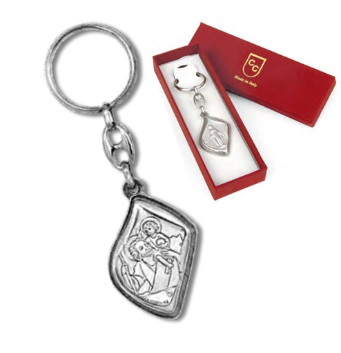 [SLH-55M002KRI] Porte-clef - St Chrsitophe - métal argenté/boîte (70x30mm)