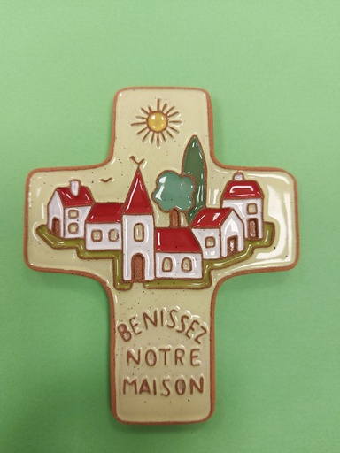 [MKR-58VG11D] Croix  céramique - 'Bénissez notre...' - verte (95x120mm)