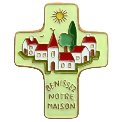 [MKR-58VG11D] Croix  céramique - 'Bénissez notre...' - verte (95x120mm)
