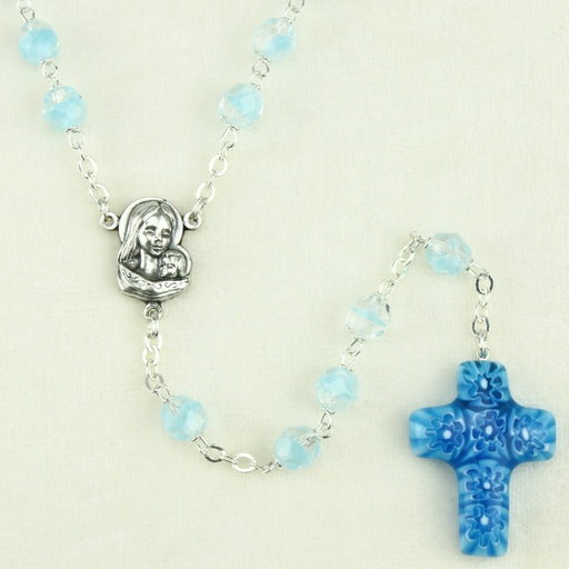 [RZK-55M007AQ] Chapelet - verre/chaîne - croix Murano - acqua