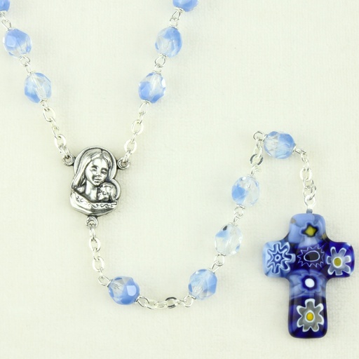 [RZK-55M007BL] Chapelet - verre/chaîne - croix Murano - bleu