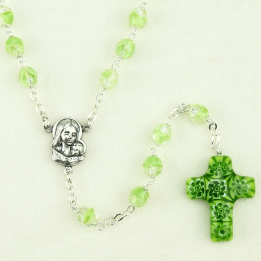 [RZK-55M007GR] Chapelet - verre/chaîne - croix Murano -vert